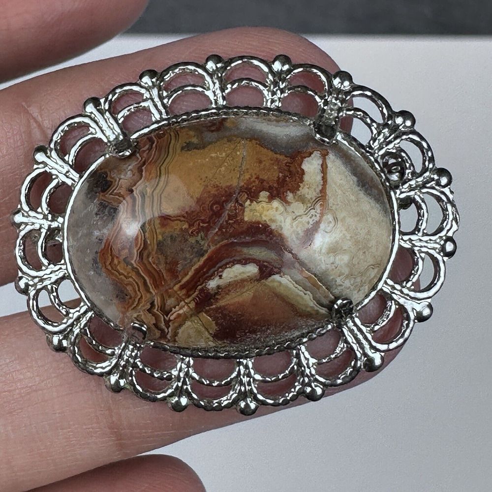 Vintage Artisan Brooch Pin 125 Inch Crazy Lace Polished Agate Stainless Steel 18$